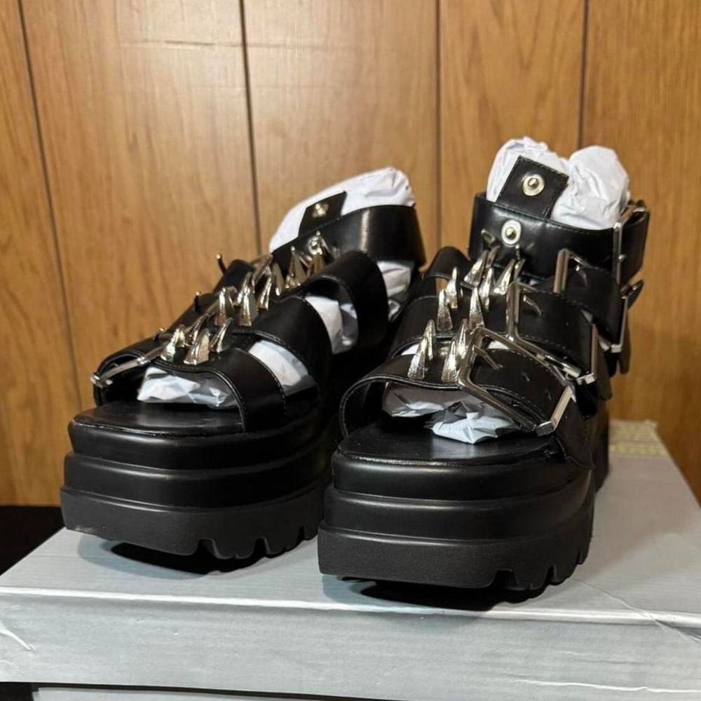 Dolls Kill Black chunky platform sandals with‎ silver buckles and spikes Size 5